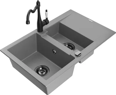 Produktbild von Mexen Gaspar 1,5-Becken-Granitspüle mit Abtropffläche und Mischbatterie Carla, Grau - 6507-71-670700-70-B
