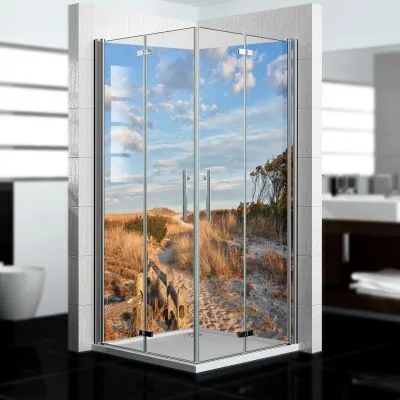 Produktbild von dedeco Eck-Duschrückwände Aluminium wasserfest Motiv: Dünengras V2, 2 x 90x200x0,3cm, Badrückwand, Fliesenersatz fugenlos Wandverkleidung Wandpaneele,  Germany