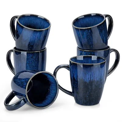 Productafbeelding van VANCASSO Beker set, 6-delig, van steengoed, 480 ml, drinkbekers, koffiekopjes met handvat, blauw