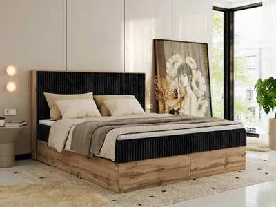 Obrázek produktu pro Kontinentální postel, box z laminované desky WOOD CLASSIC 180x200 cm Vícekapsová matrace Tvrdé (H4)|Černá - Manšestr - Topper T25