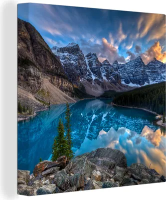 Obrázek produktu pro OneMillionCanvasses® - Obraz na plátně - Soumrak u jezera Moraine v Kanadě, nástěnná malba, nástěnné dekorace obrazy obývací pokoj, 90x90cm