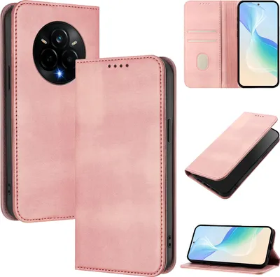 Produktbild von Handyhülle für Realme 14 Pro, Vintage Leder RFID Schutz Kartenfach Standfunktion Magnetische Klapphülle Pink