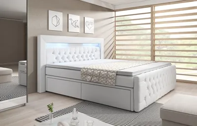 Produktbild von Moebelfest Boxspringbett 180x200 cm mit Bunt LED-Beleuchtung: Polsterbett mit 2 Schubladen, Taschenfederkernmatratze 7 Zonen, Kristalle und Topper sowie Kopf- und Fußteil (Arona in Weiß)