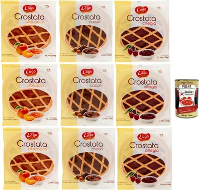Produktbild von Lago 1968, Crostata Testpaket, Flowpack, Törtchen, kuchen mit Kirsche, Aprikosenmarmelade, schokolade und Merkstufegebäck, italienischem Produkt ohne Palmöl 12x 350 g + Italian Gourmet polpa 400g