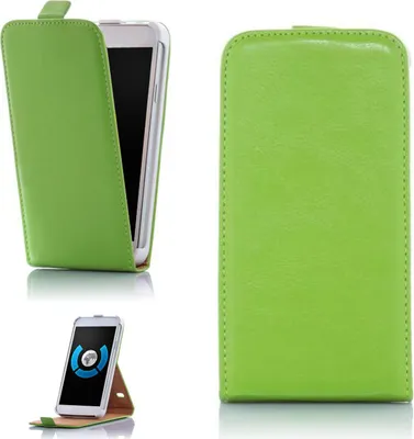 A collage of images showing a green flip-style phone case for an LG G3 (D855) with a stand-up function.