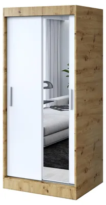 Produktbild von Kleiderschrank mit Spiegel - 90x200cm - Artisan Eiche & Weiß Matt - Schiebetürenschrank HUGO - 2-türig - mit 2 Kleiderstangen