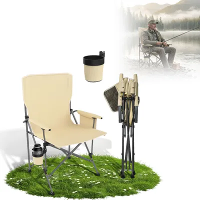 Image de Chaise de camping pliable LZQ avec porte-boisson et sac de transport, chaise de pêche pliable, chaise pliante robuste pour le camping, le jardin et les activités de plein air, beige