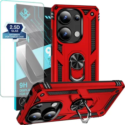 Produktbild von Armor Outdoor Handyhülle für Xiaomi Redmi Note 13 Pro Handy Panzer Case Schutzhülle mit 9H Displayglas Displayschutz Farbe: Rot