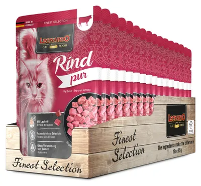 Produktbild von LEONARDO Frischebeutel [16x85g Rind pur] | Getreidefreies Nassfutter für Katzen | Feuchtfutter Alleinfutter im Einzelportionsbeutel