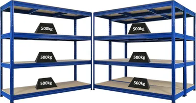 Produktbild von Mega Deal | 3x Schwerlastregal DINO | HxBxT 180x200x60cm | 4 Spanplatten-Ebenen 16mm | Fachlast 500kg | Blau