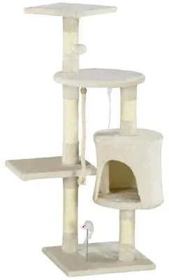 Image de Arbre à gratter pour chats - Tour d'escalade - Avec litière intégrée - Avec balle et corde - 4 niveaux - 40 x 40 x 116 cm - Beige