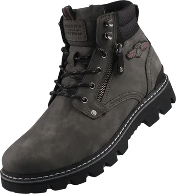 Das Bild zeigt einen grauen Stiefel von der linken Seite. Der Stiefel hat einen modischen Look mit einer strukturierten Oberfläche und einer robusten Sohle.