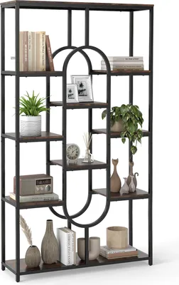 Image de COSTWAY Bibliothèque, Étagère sur pied avec étagères, Étagère présentoir avec cadre métallique, Étagère de rangement géométrique, marron et noir