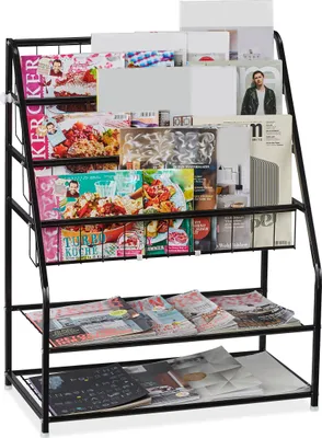 Image de Relaxdays : porte-revues en métal, dimensions : 81 x 67 x 37 cm, porte-revues moderne, modèle sur pied, pour le salon, noir