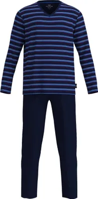 Produktbild von GÖTZBURG Herren Schlafanzug, lang - V-Ausschnitt, gestreift, offene Bündchen, Baumwolle, Pyjama Blau 3XL