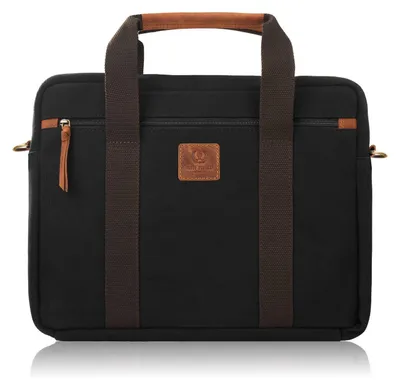 Produktbild von Paolo Peruzzi Herren Aktentasche Laptopfach 15,6 Zoll A4 Reißverschluss Canvas Echtleder Trolleyhalterung Schwarz Braun