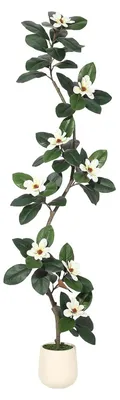 Produktbild von Künstlicher Gummibaum mit Magnolienblüten - 180 cm Kunstbaum für den Boden - Dichte Blätter und Blüten - Für Zuhause und Büro - Für Hochzeit und Eventdeko - Weißer Blumentopf