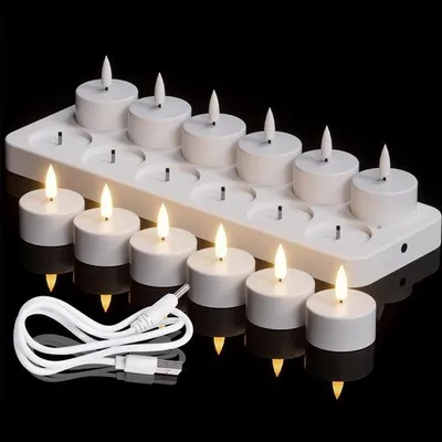 Produktbild von Elektrische Theelichter, 12 Stück, 3D-Licht, Flikkernd, Vlamlos, mit Ladestation, für Halloween- und Weihnachtsdekoration (4 x 4,7 cm)