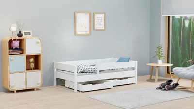Zdjęcie produktu dla Łóżeczko dziecięce MIX 160 x 80 z zabezpieczeniem przed wypadnięciem i stelażem z listew, białe, 80 x 160, dla dziewczynek i chłopców, bez materaca, z szufladami