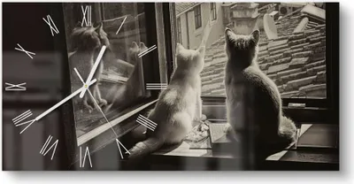 Produktbild von DEQORI Glasuhr 60x30 cm Römisch 'Katzen auf Fensterbrett' Wanduhr Glas Uhr Design leise