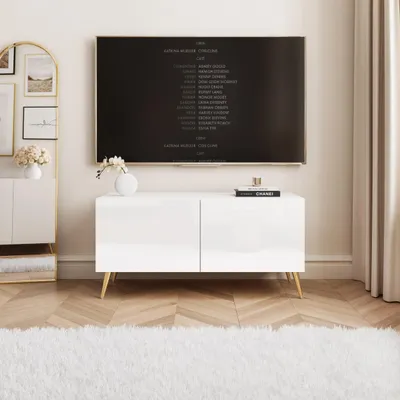 Produktbild von Idohome TV Lowboard Angel 100 cm Weiß Hochglanz – Schrank mit LED-Beleuchtung, Fernsehschrank auf goldfarbenen Metallbeinen, Medienmöbel, Push to Open