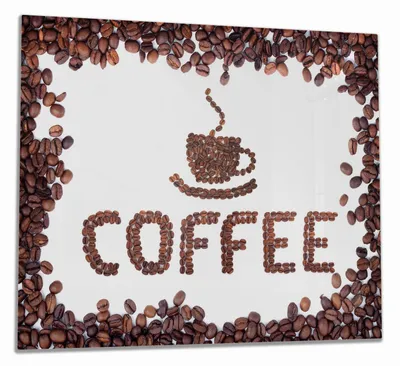 Produktbild von Wallario Herdabdeckplatte aus Glas, Größe 60 x 52 cm 1-teilig, Motiv Kaffee Schrift aus Kaffeebohnen