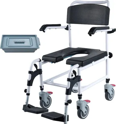 Image de Fauteuil roulant de douche avec 4 roues verrouillables, repose-pieds, accoudoirs rabattables, hauteur réglable sur 3 niveaux, seau amovible de 5 litres, capacité de 350 livres, chaise percée pour adultes et personnes âgées