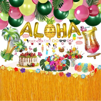 Produktbild von 162PCS Hawaii Deko Party Dekoration Set mit Luftballons Girlande Tischröcke Ballon Kit Hawaii ALOHA für Tropische Sommer Beach Party Deko Tisch