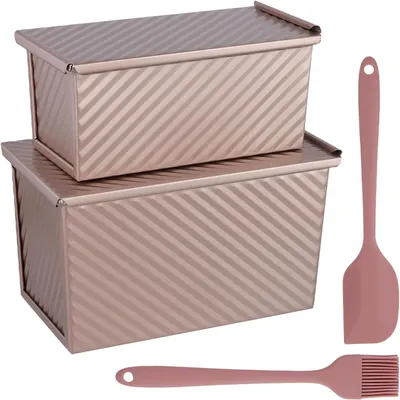 Produktbild von 2 Stück Brotbackform Set mit Deckel, Rechteckige Antihaft Kastenform | Kohlenstoffstahl Beschichtung, gleichmäßige Hitzeverteilung, für Toast Gebäck Kuchen, inklusive Silikonspatel