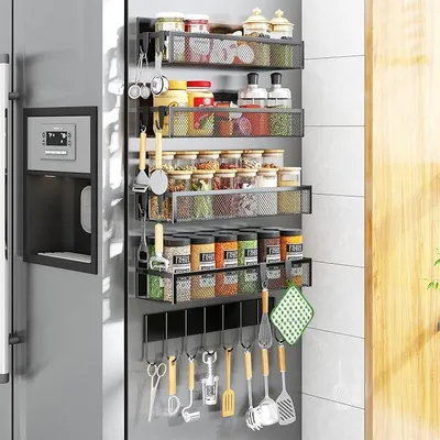 Produktbild von PolkaHome® Magnetisches Gewürzregal für Kühlschrank, 5er-Set mit 8 Haken, verstellbare magnetische Ablagen, Küchenorganizer, schwarz