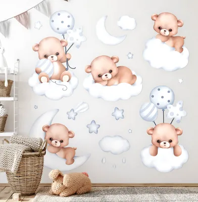 Produktbild von Teddybären am Himmel– Wandgestaltung – Wandbilder Kinder – Motivtapeten Set – Wanddekor Kinderzimmer – Selbstklebende Wandsticker – 60x106 cm