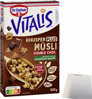 Produktbild von Dr.Oetker Vitalis Knusper Plus Müsli Double Choc (420g Packung) + usy Block