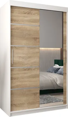Produktbild von Kleiderschrank, Schiebetürenschrank Schlafzimmer, Schrank mit Spiegel VERONA 2 120 cm, Weiß Matt + Sonoma Eiche