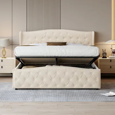 Produktbild von Polsterbett 140x200cm mit Lattenrost, Hydraulisches Boxspringbett mit Bettkasten und Stauraum, Samt Doppelbett Stauraumbett Funktionsbett, Beige