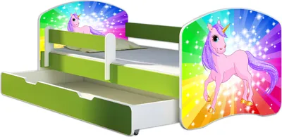 Produktbild von ACMA Jugendbett Kinderbett Junior-Bett Komplett-Set mit Matratze Lattenrost und Rausfallschutz Grün 18 Pony Regenbogen 140x70 + Bettkasten