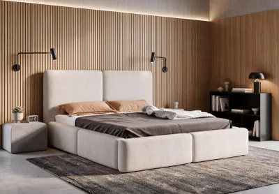 Produktbild von Polsterbett 140x200 cm mit Bettkasten, Stauraum und Metall-Lattenrost – LIVIA Bouclé Stoff Creme