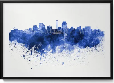 Produktbild von Panorama von San Antonio Aquarell– Wandbild mit Rahmen – Gerahmtes Bild  – Wanddekoration – 100x70 cm –  Schwarz Rahmen
