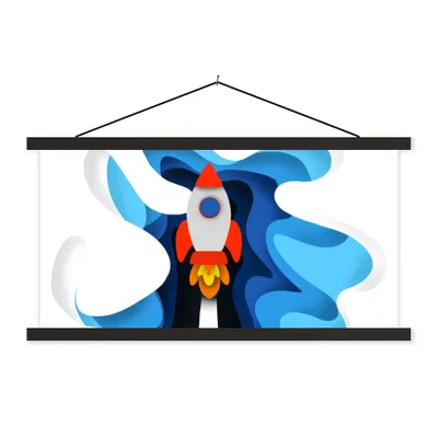 Produktbild von MuchoWow® Textilposter Illustration - Kinder - Rakete 90x45 cm mit schwarzem Rahmen - Klemmleisten