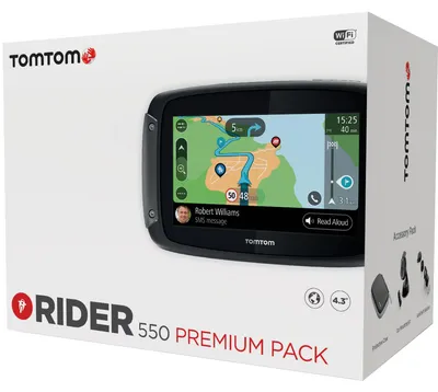 Produktbild von TomTom Rider 550 Premium Pack, Bulgarisch, Tschechisch, Dänisch, Niederländisch, Estnisch, Finnisch, Französisch, Deutsch,..., Ganz Europa, 10,9 cm (4.3"), 480 x 272 Pixel, Flash, MicroSD (TransFlash)