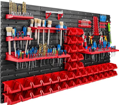 Obrázok produktu pre Skladovací systém dielenský regál | 156 x 78 cm | 40 ks. Box | Nástenný regál s držiakmi na náradie a stohovateľnými boxmi - Nástenné dosky Extra silný regál s otvormi na náradie Skladový regál Garážový regál