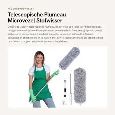 Produktbild von Teleskopischer Staubwedel – Mikrofasertuch – 2-in-1 Reinigungssatz – Grau – Staubwedel, ausziehbar bis 245 cm – Geeignet für Möbel und Decken