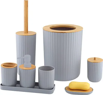 Produktbild von 8 Stück Badezimmer Zubehör Set, Seifenspender Set Aus Bambus, Badezimmerset Mit Lotionspender, Mülleimer, Seifenschale, Zahnbürstenhalter, Zahnputzbecher, Toilettenbürste Und Tablett, grau