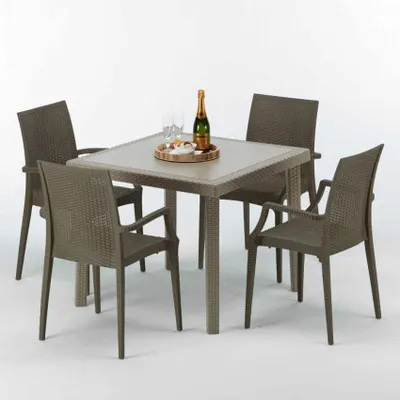 Produktbild von Polyrattan Tisch Quadratisch mit 4 Bunten Stühlen 90x90 Beige Elegance