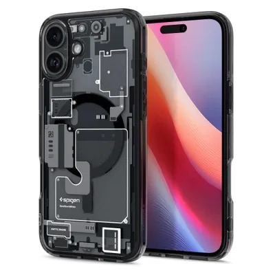 A clear product shot of a phone case with a transparent back showing internal components, placed next to a smartphone.