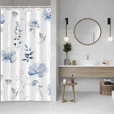 Image de Rideau de douche imperméable 90 x 180 cm, bleu-gris, motif floral, salle de bain