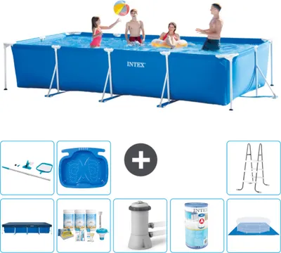 Produktbild von Intex-Schwimmbecken mit rechteckigem Rahmen – 450 x 220 x 84 cm – Blau – im Lieferumfang enthalten Abdeckung - Wartungspaket - Filterpumpe für Schwimmbad - Filter - Bodenplane - Reinigungskit