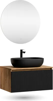 Produktbild von Planetmöbel ARISA Badmöbel Set Schwarz Geriffelt – Mit Nova LED Spiegel und schwarzem Keramik-Aufsatzwaschbecken 60 cm