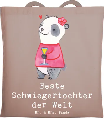 Produktbild von Mr. & Mrs. Panda Jutebeutel Panda Beste Schwiegertochter der Welt - Braun Pastell - Geschenk, Schultasche, Dankeschön, Frau, Geschenkidee, Laptoptasche, Tasche, Tochter