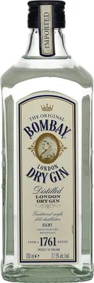 A clear, well-lit studio shot of a Bombay London Dry Gin bottle against a plain white background.