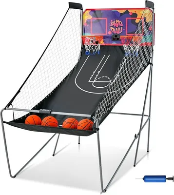 Produktbild von Basketballautomat klappbar, elektronische Basketballwurfmaschine mit 2 Basketballkörbe, Basketball Schießmaschine inkl. 4 Bälle & Pumpe, Basketballkorb mit Ständer Punktezähler (Lila)